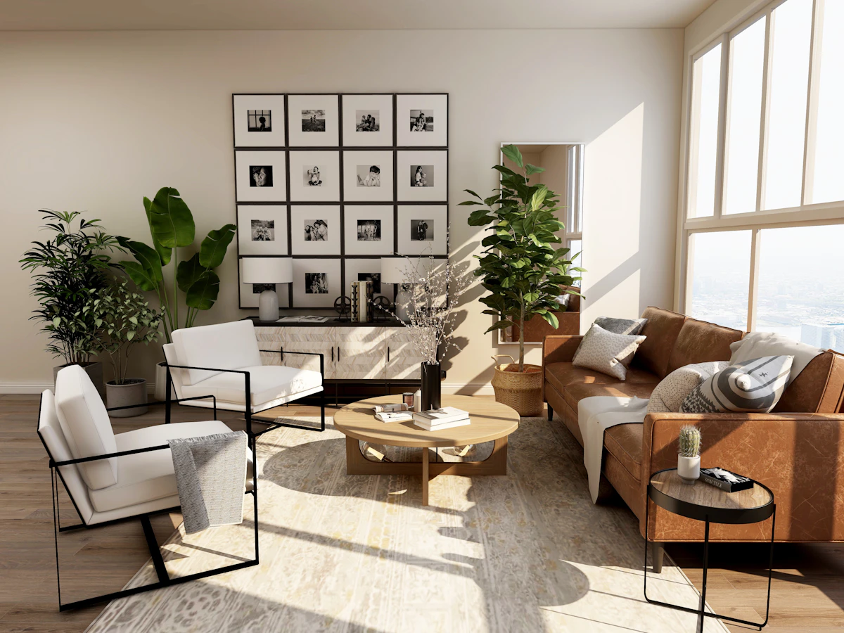 Bright contemporary living space with natural light and refined interior finishes