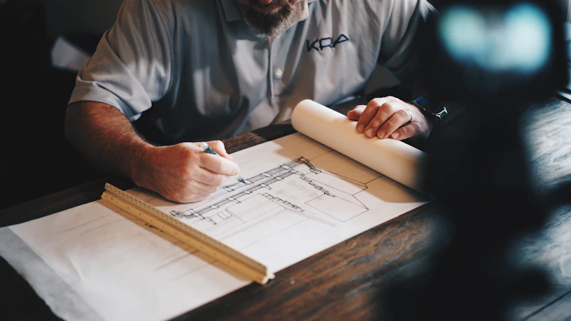 Architectural plans and design drawings on a workspace