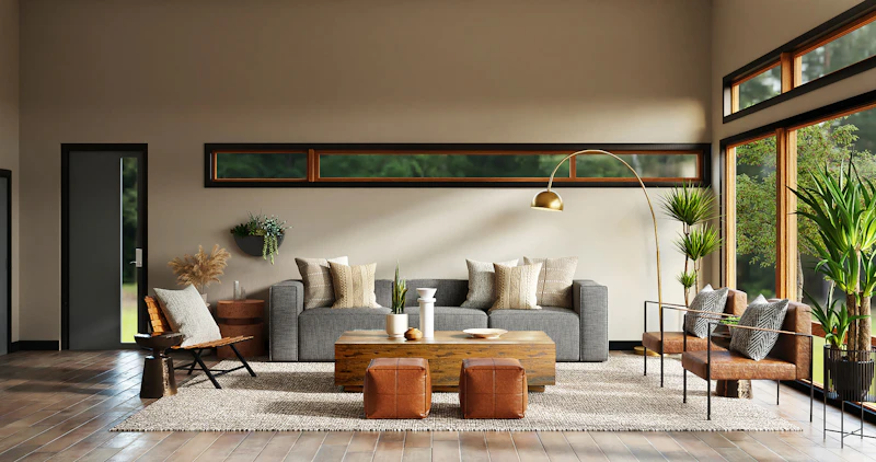 Elegant living room interior with carefully coordinated finishes and lighting